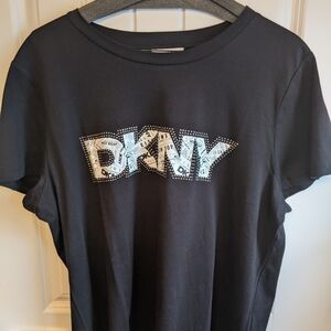 DKNY Black Tee with Studded Newspaper-Print Logo